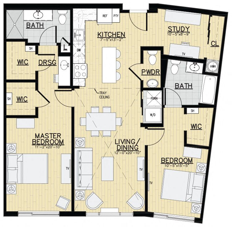 Floor plan for 2 beds, 2.5 baths, 1242 sqft